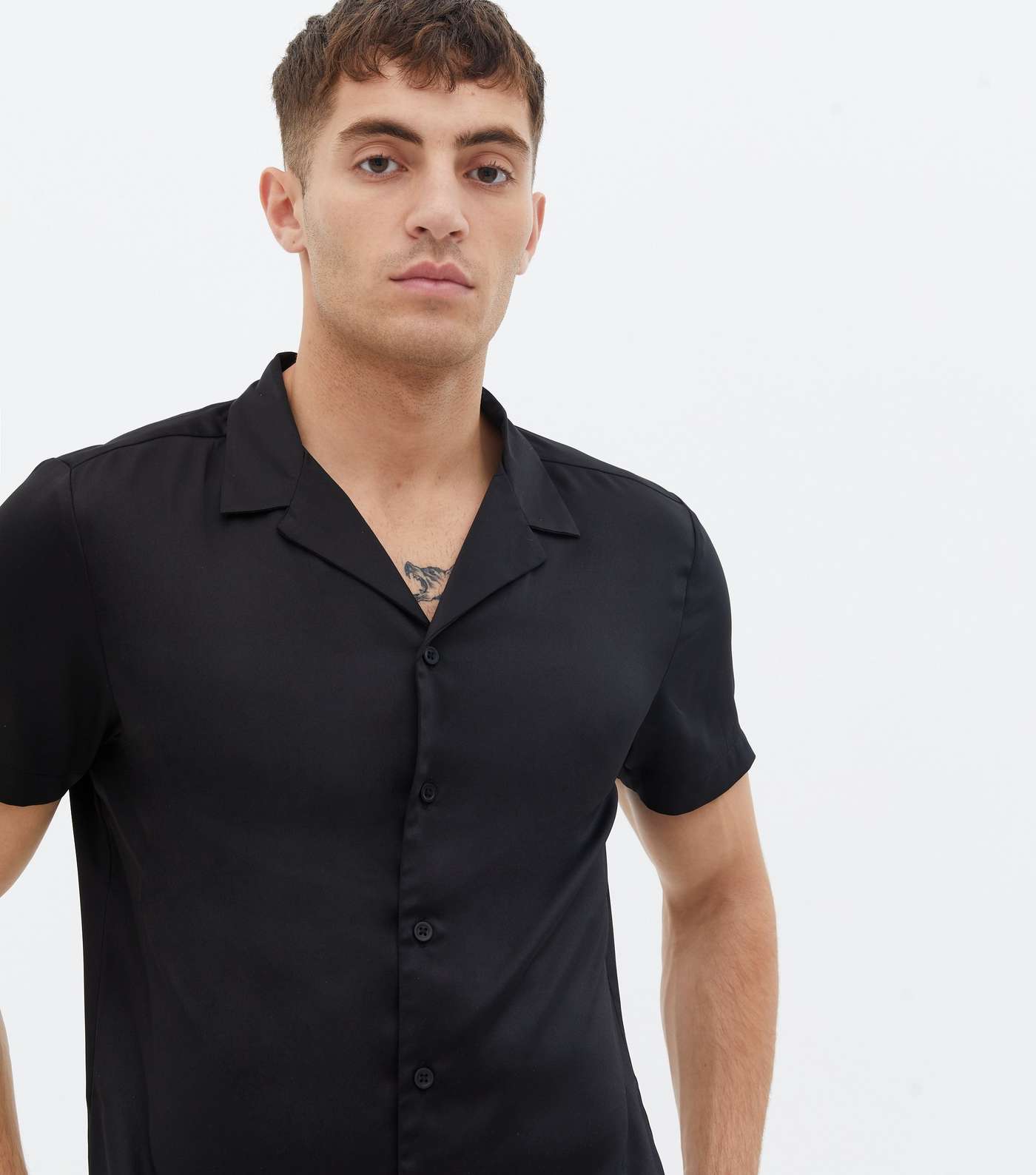Black Satin Revere Collar Short Sleeve Shirt