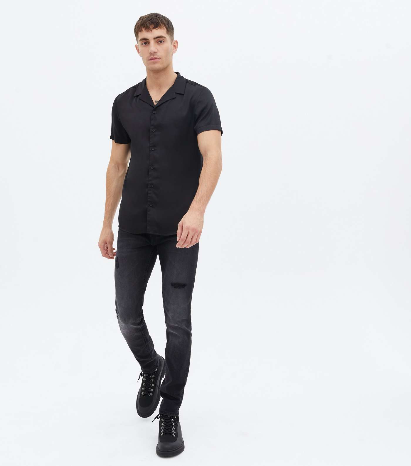 Black Satin Revere Collar Short Sleeve Shirt Image 3