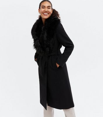 Black faux fur store collar belted coat