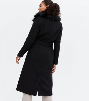 Black Faux Fur Collar Belted Formal 