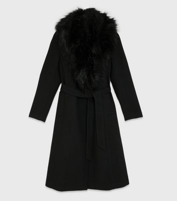 Black Faux Fur Collar Belted Formal Coat New Look