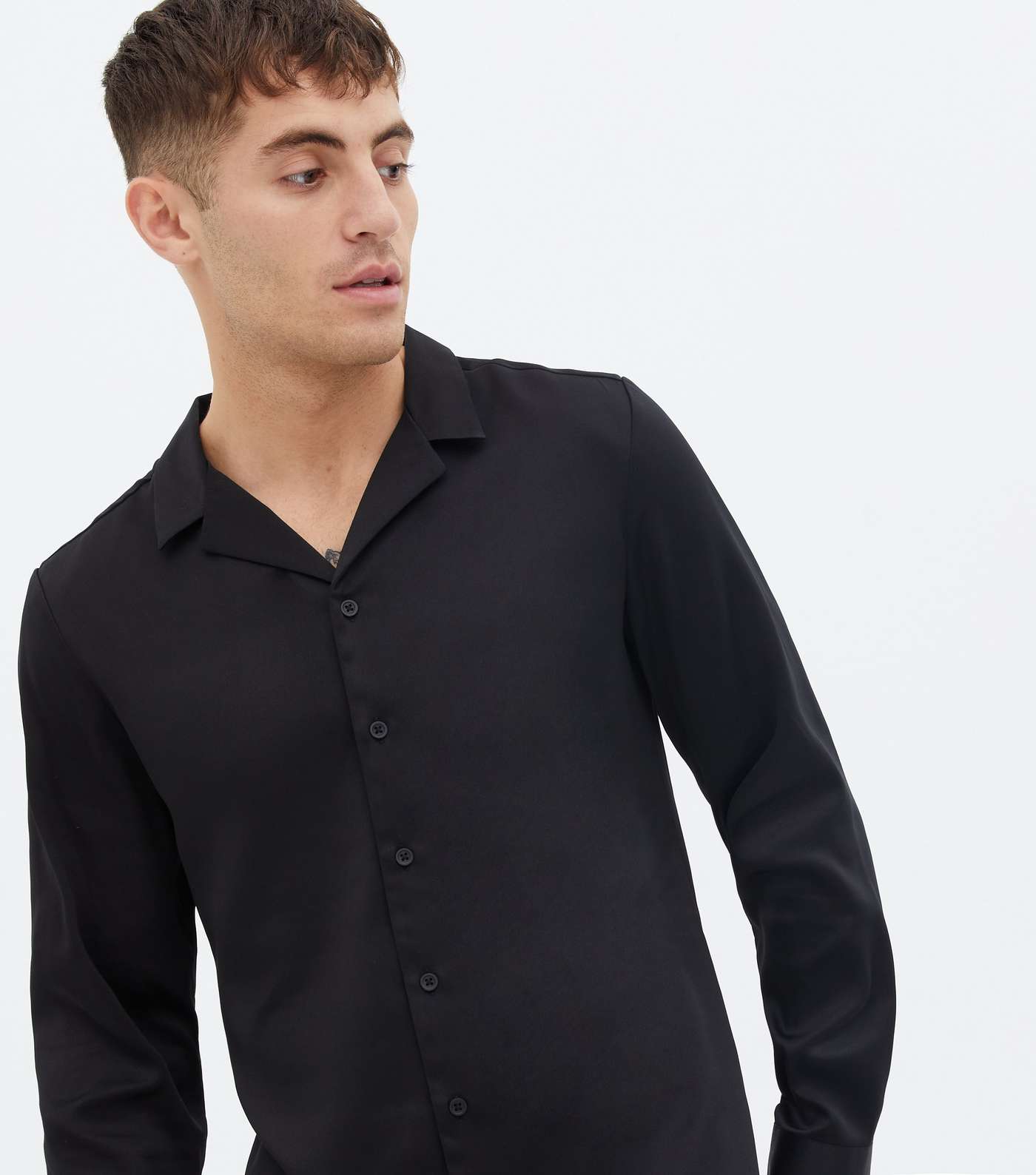 Black Satin Revere Collar Long Sleeve Shirt Image 2
