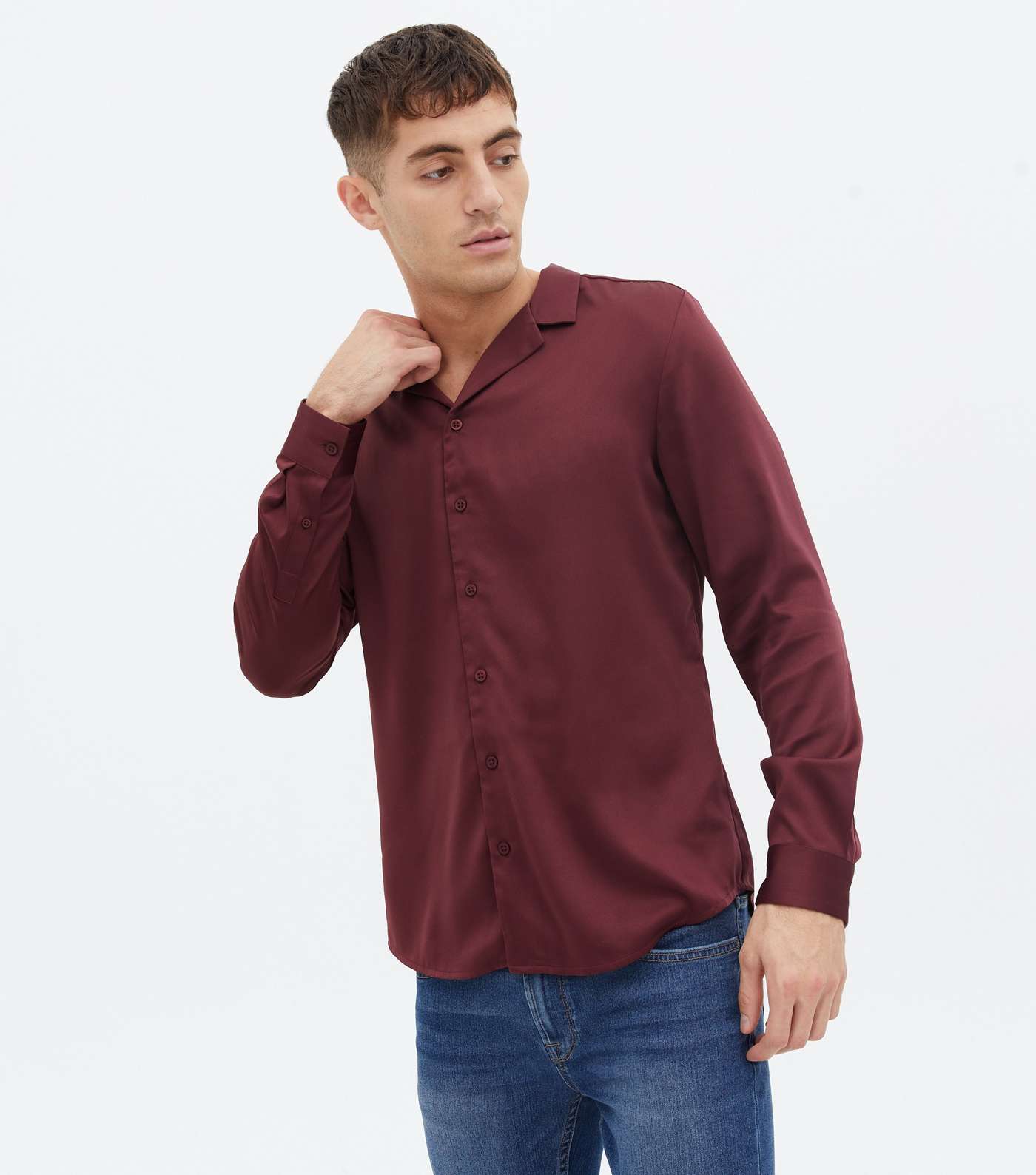 Burgundy Satin Revere Collar Long Sleeve Shirt Image 2