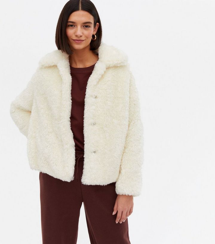 Cream Faux Fur Collared Coat New Look, New Look Faux Fur Coat In Cream