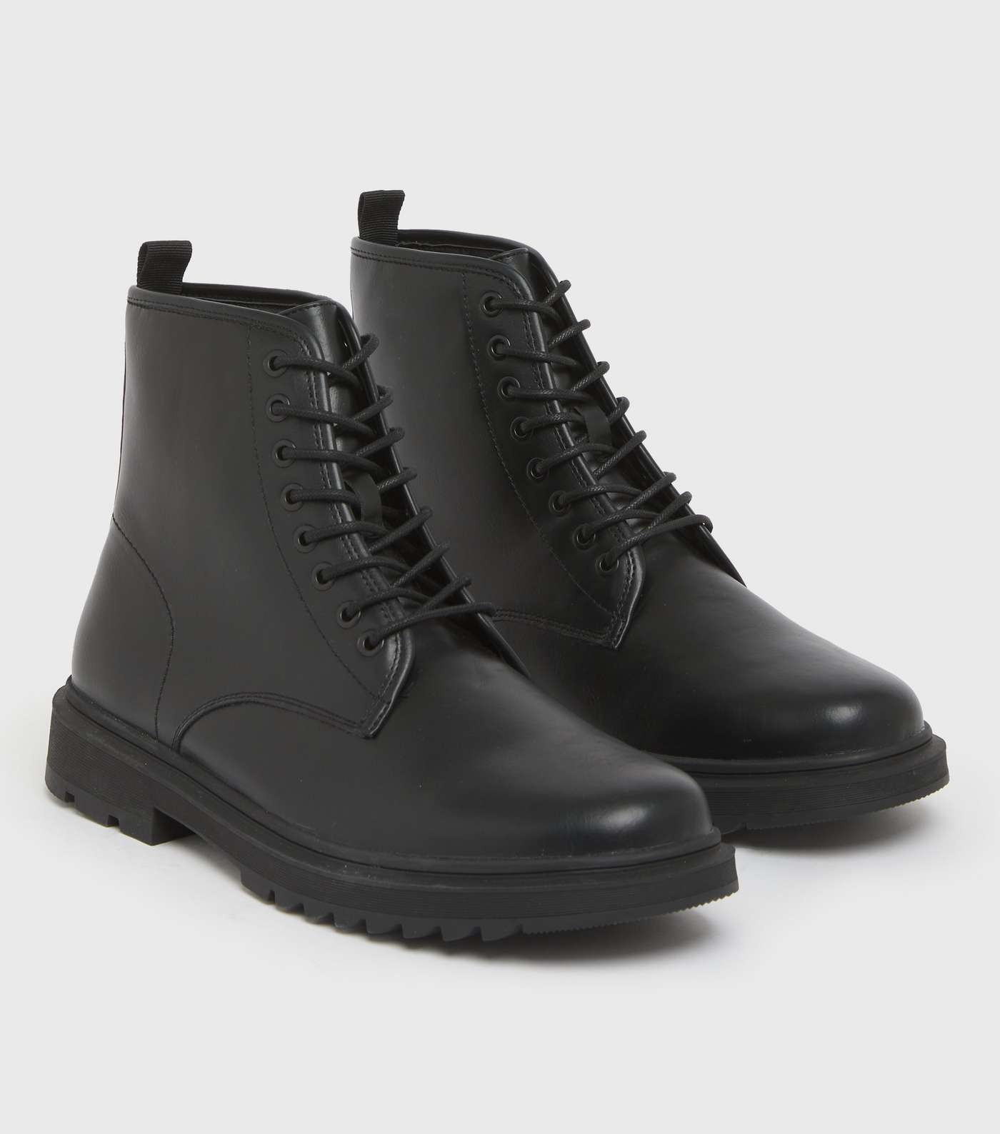 Black Leather-Look Chunky Lace Up Ankle Boots Image 3