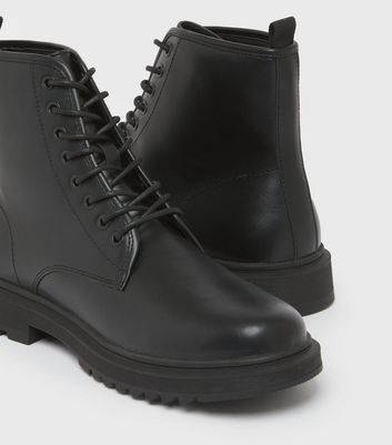 Black Leather-Look Chunky Lace Up Ankle 