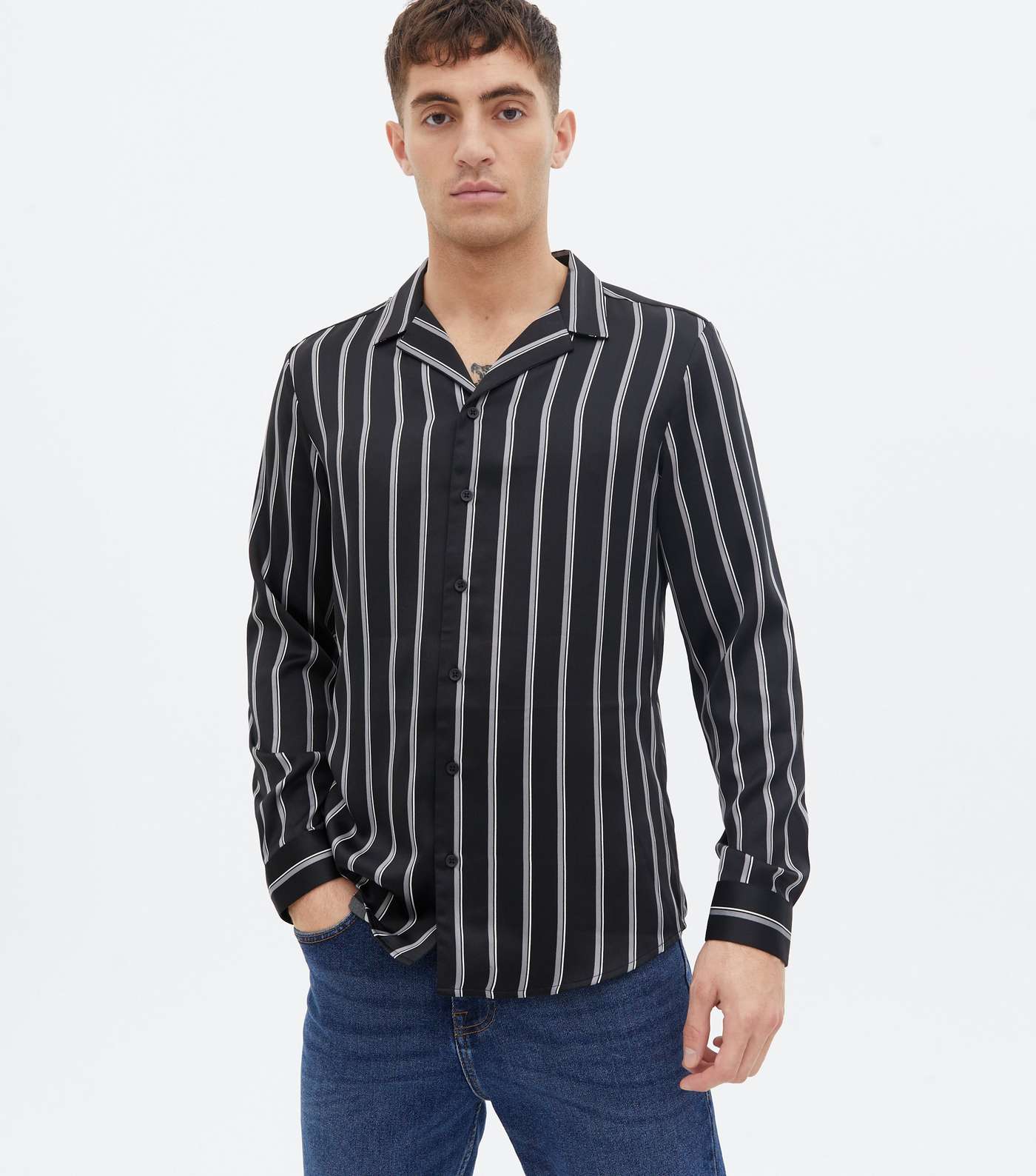 Black Stripe Satin Long Sleeve Shirt