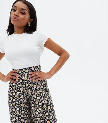 Petite Black Daisy Wide Leg Crop 