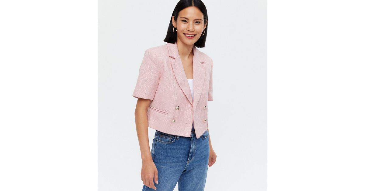 Cameo Rose Pink Short Sleeve Double Breasted Crop Blazer