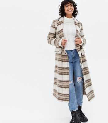 White Check Brushed Double Breasted Maxi Coat