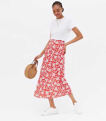 Tall Red Floral High Waist Bias Cut Midi Skirt