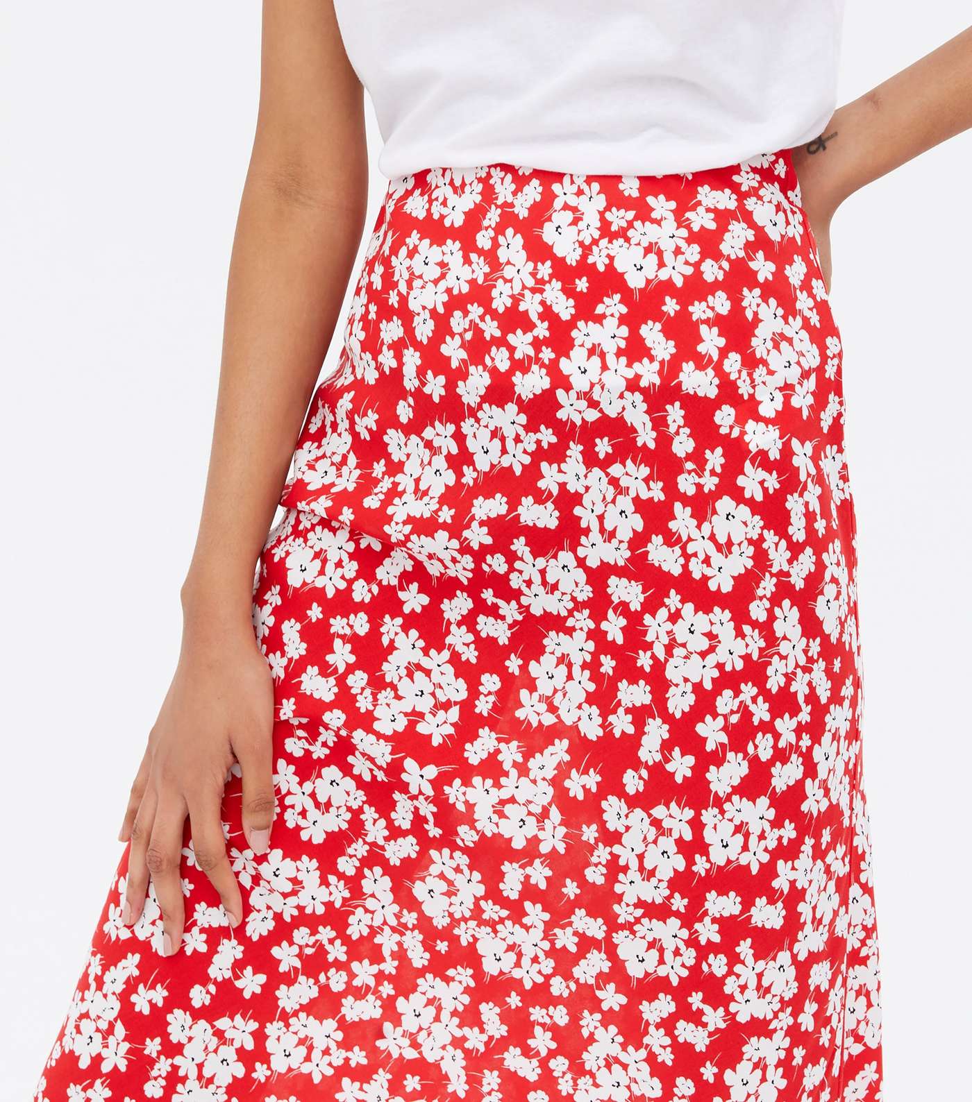 Tall Red Floral High Waist Bias Cut Midi Skirt Image 3