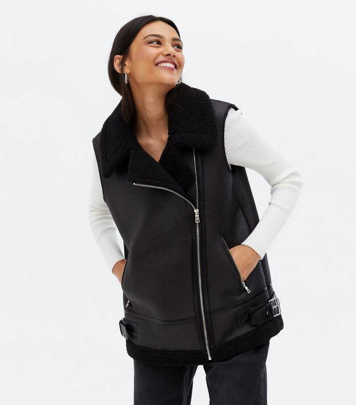 Black Leather-Look Sleeveless Aviator Jacket | New Look