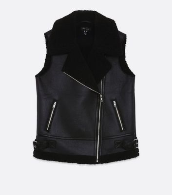 Black Leather Look Sleeveless Aviator Jacket New Look