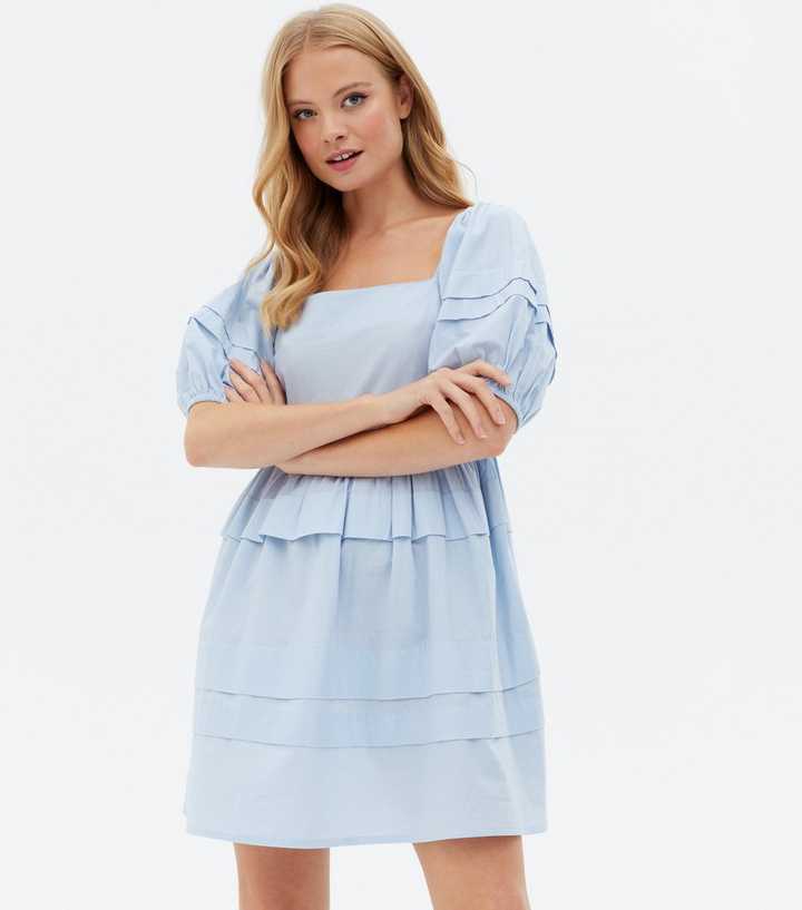 Pale Blue Poplin Tiered Mini Oversized Smock Dress