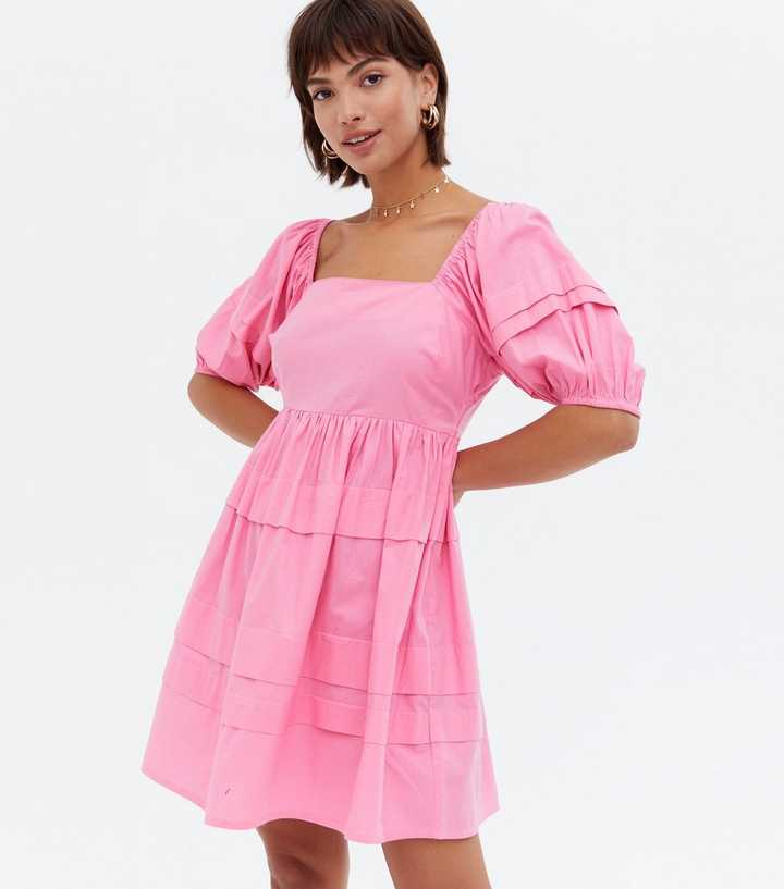 Bright Pink Poplin Tiered Mini Oversized Smock Dress
