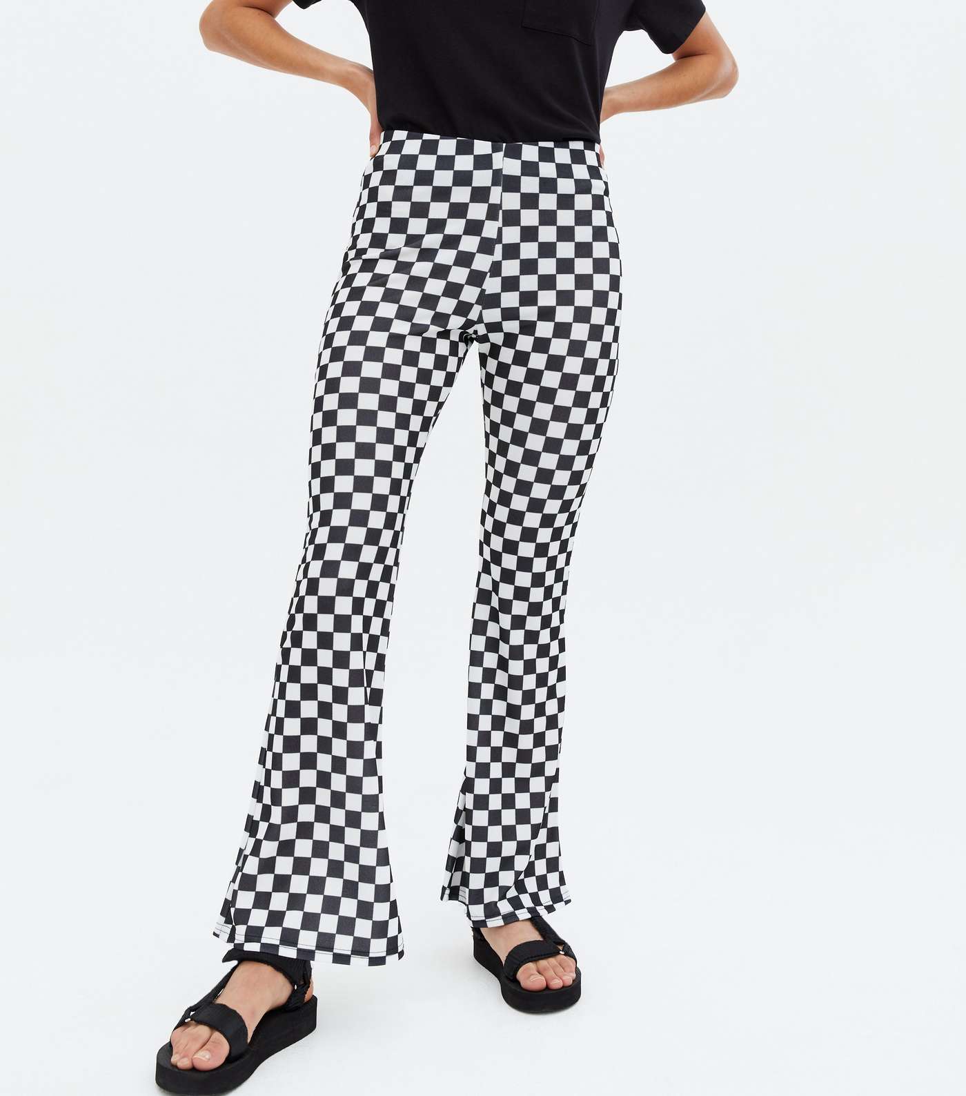 Black Checkerboard Crepe Flared Trousers Image 2