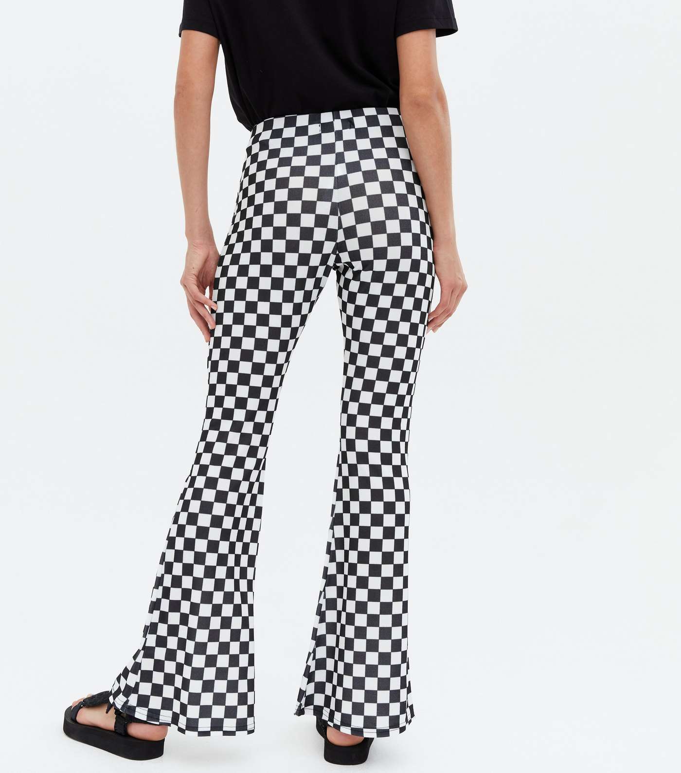 Black Checkerboard Crepe Flared Trousers Image 4