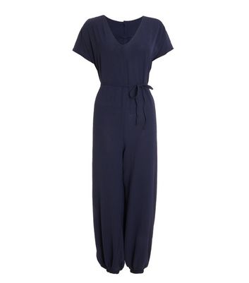 QUIZ Navy Crepe Tie Waist Cuffed Leg Jumpsuit | New Look