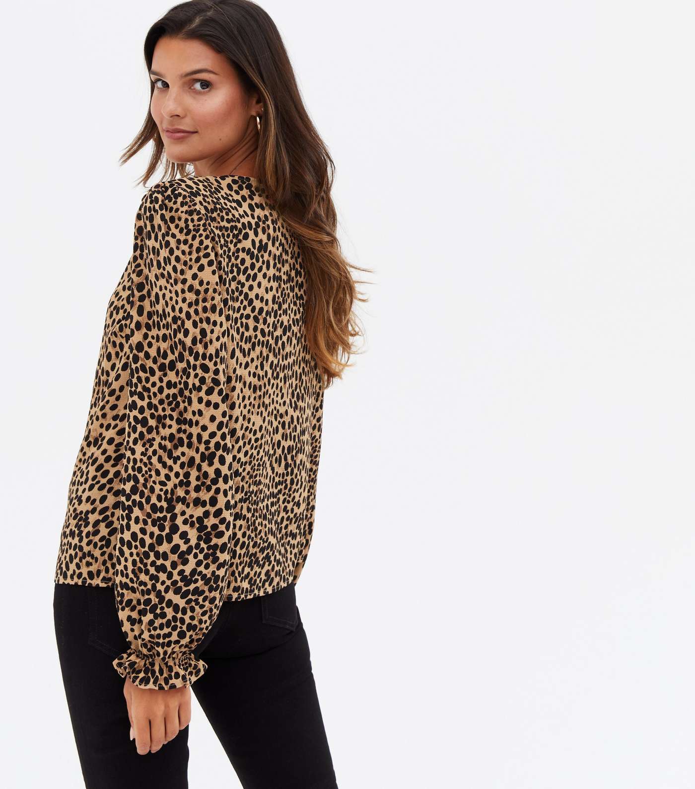 Brown Leopard Print Puff Sleeve Button Blouse Image 4