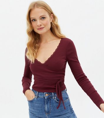 Burgundy Lace Trim Long Sleeve Wrap Top 