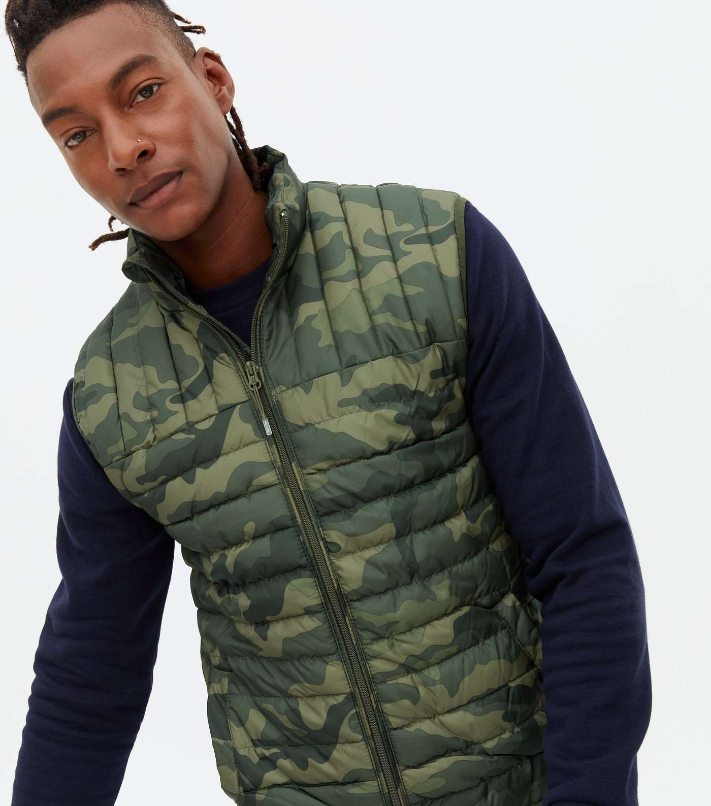 Only & Sons Khaki Camo Quilted High Neck Gilet Image 3