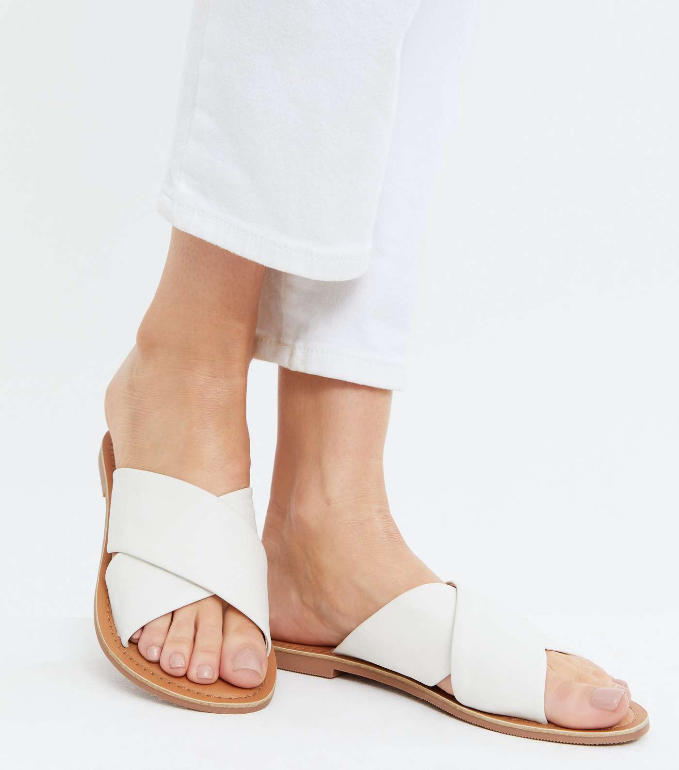 White Leather Cross Strap Sliders Image 2