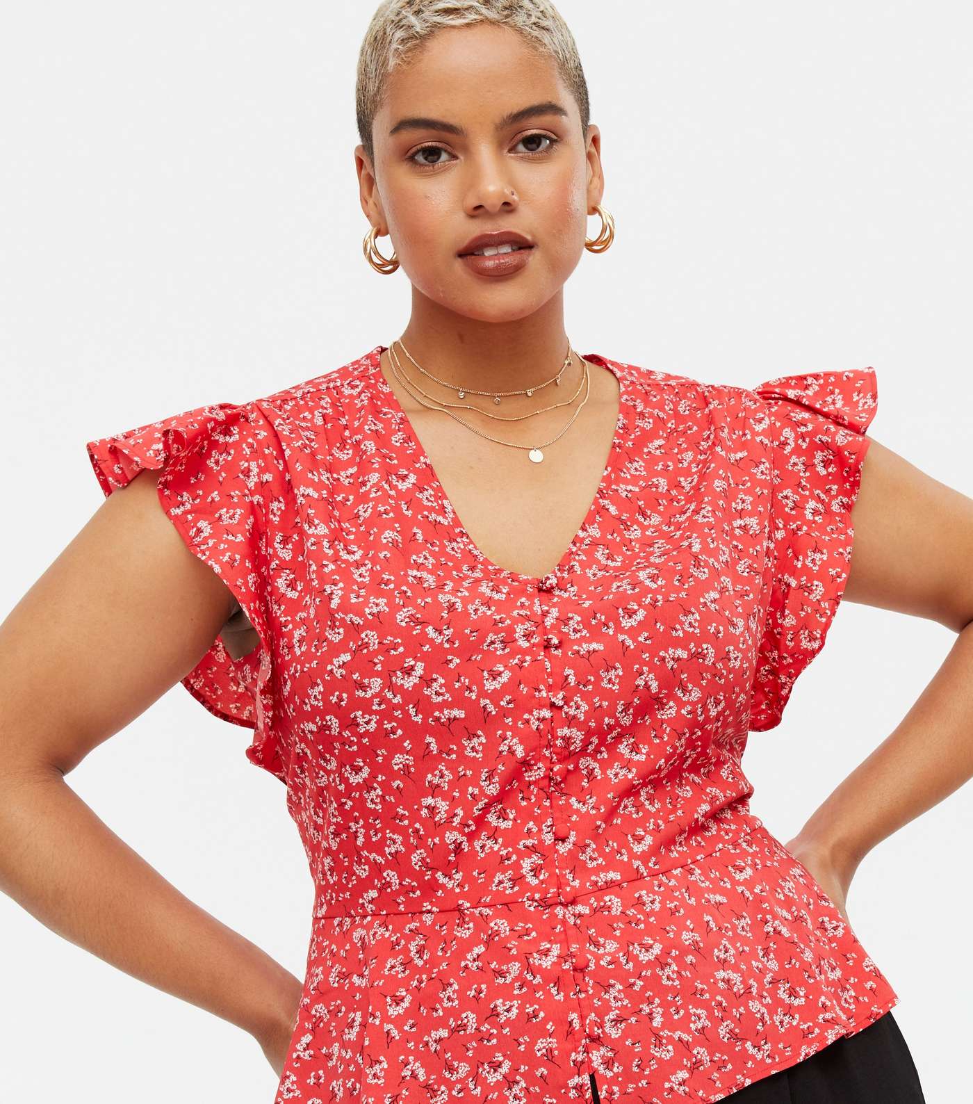 Curves Red Floral Crepe Frill Sleeve Blouse Image 3