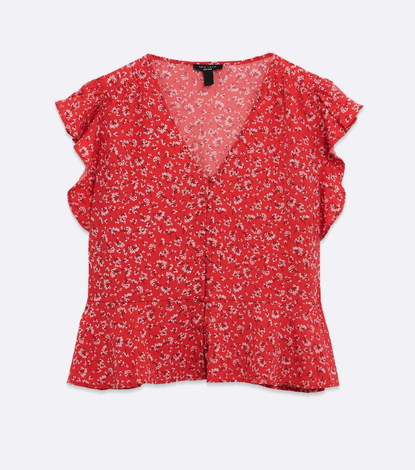 Curves Red Floral Crepe Frill Sleeve Blouse Image 5