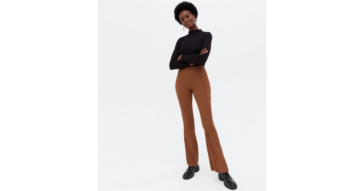 Rust Ribbed High Waist Flared Trousers