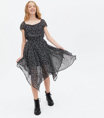 Girls Black Ditsy Floral Chiffon Hanky Hem Midi Dress