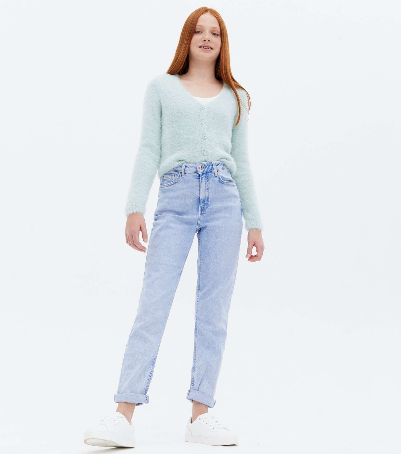 Girls Pale Blue Bleach Wash High Waist Slim Fit Tori Mom Jeans Image 2