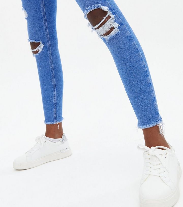 Girls Bright Blue Ripped High Waist Hallie Super Skinny Jeans New Look