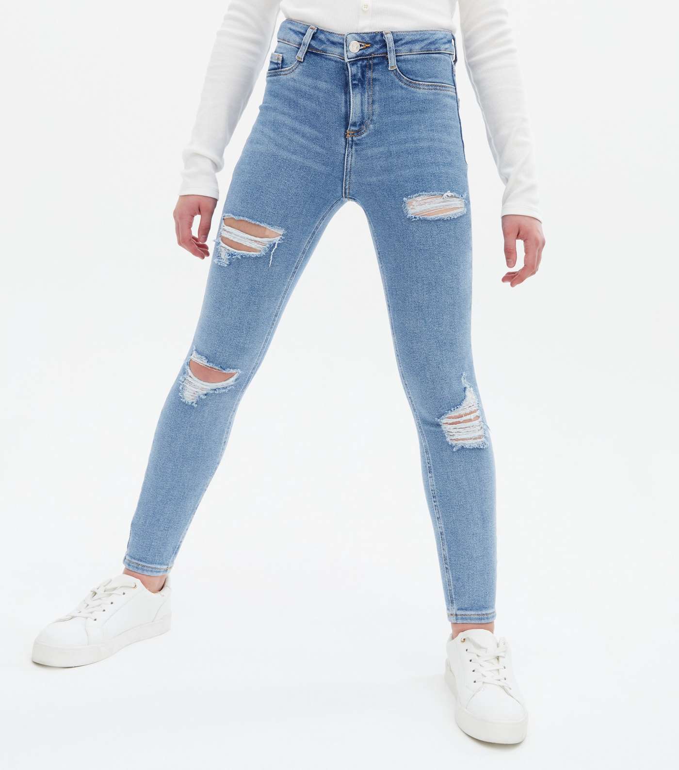 Girls Blue Mid Wash Ripped High Waist Hallie Super Skinny Jeans Image 2