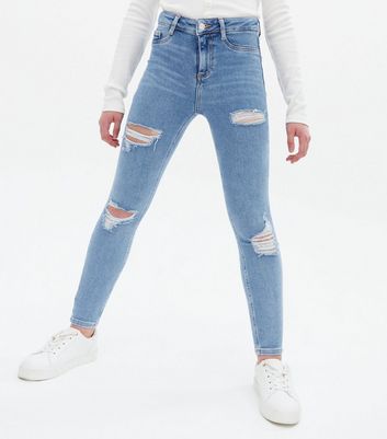 Girls Blue Mid Wash Ripped High Waist 