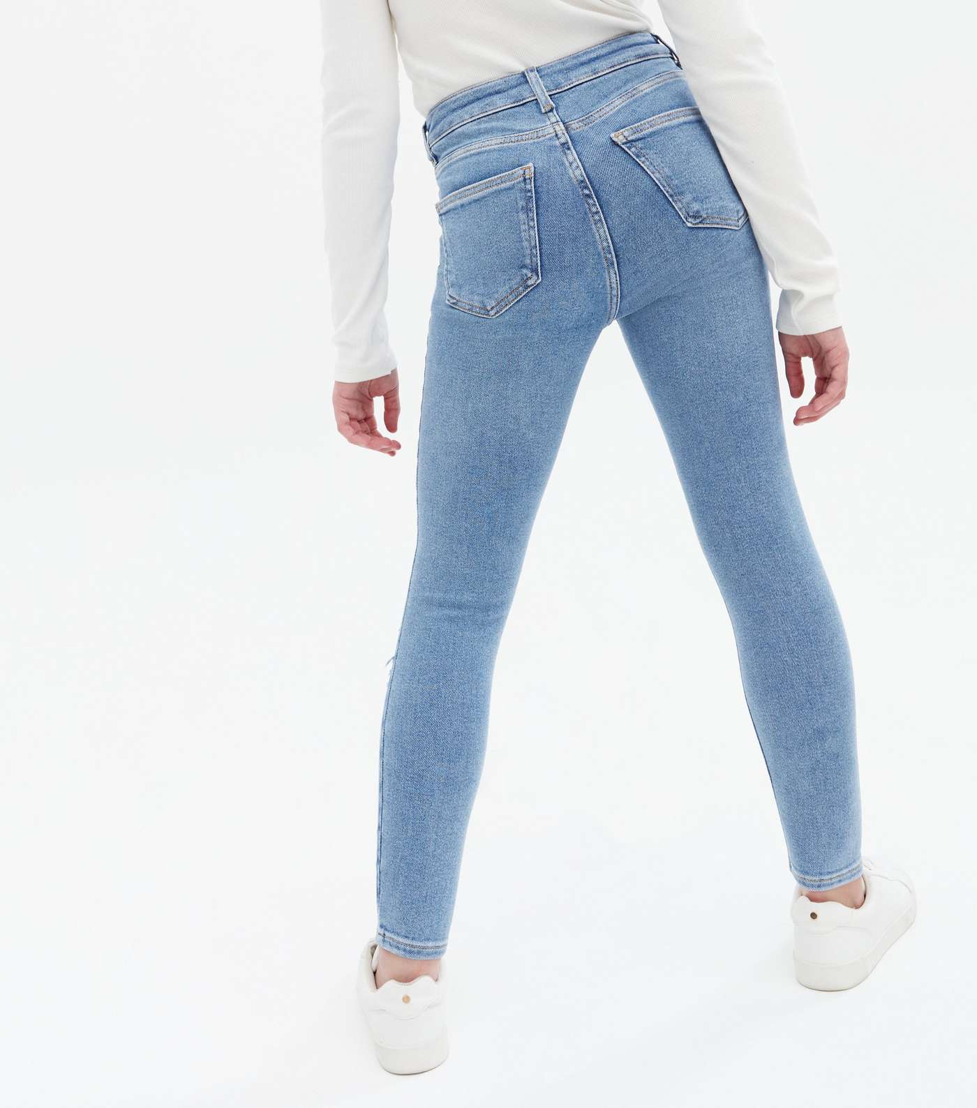 Girls Blue Mid Wash Ripped High Waist Hallie Super Skinny Jeans Image 4