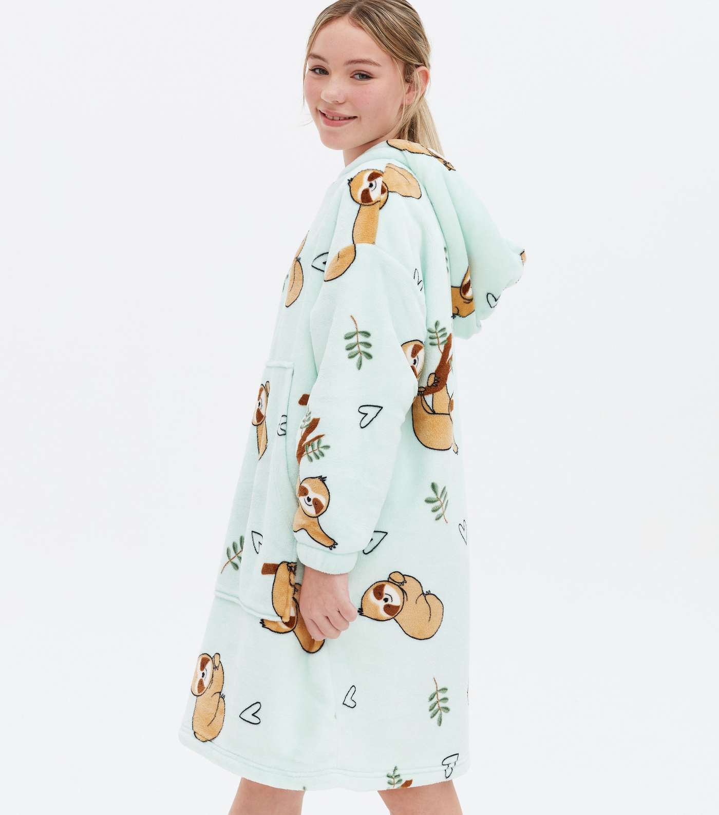 Girls Green Sloth Fleece Oversized Blanket Hoodie