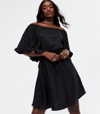 Blue Vanilla Black Beaded Bardot Mini Smock Dress | New Look