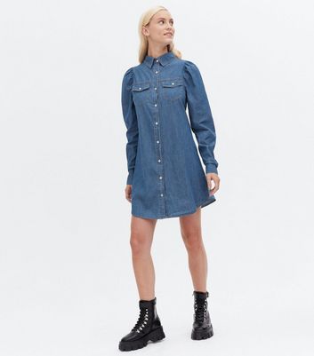 Blue Vanilla Blue Denim Puff Sleeve Shirt Dress New Look