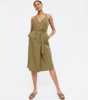 Blue Vanilla Khaki Cross Back Midi Wrap Dress New Look