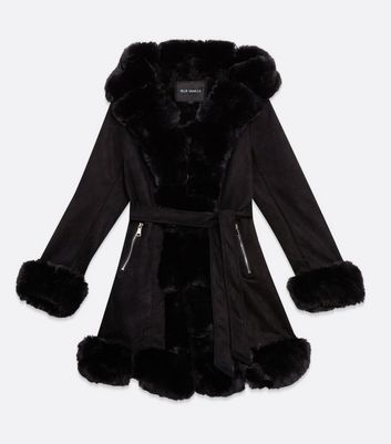 blue vanilla black faux fur belted puffer jacket