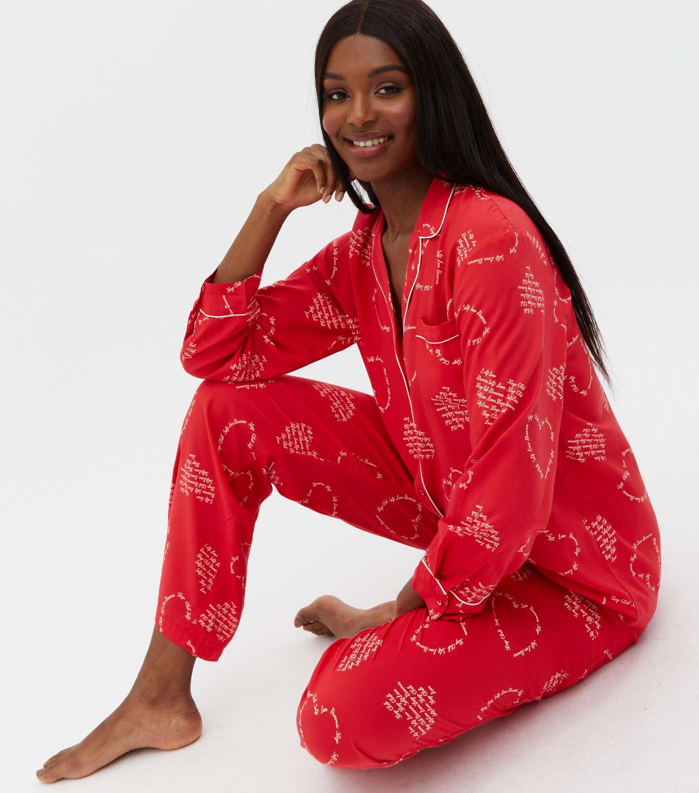 Red Shirt and Trouser Pyjama Set with Heart Script Print