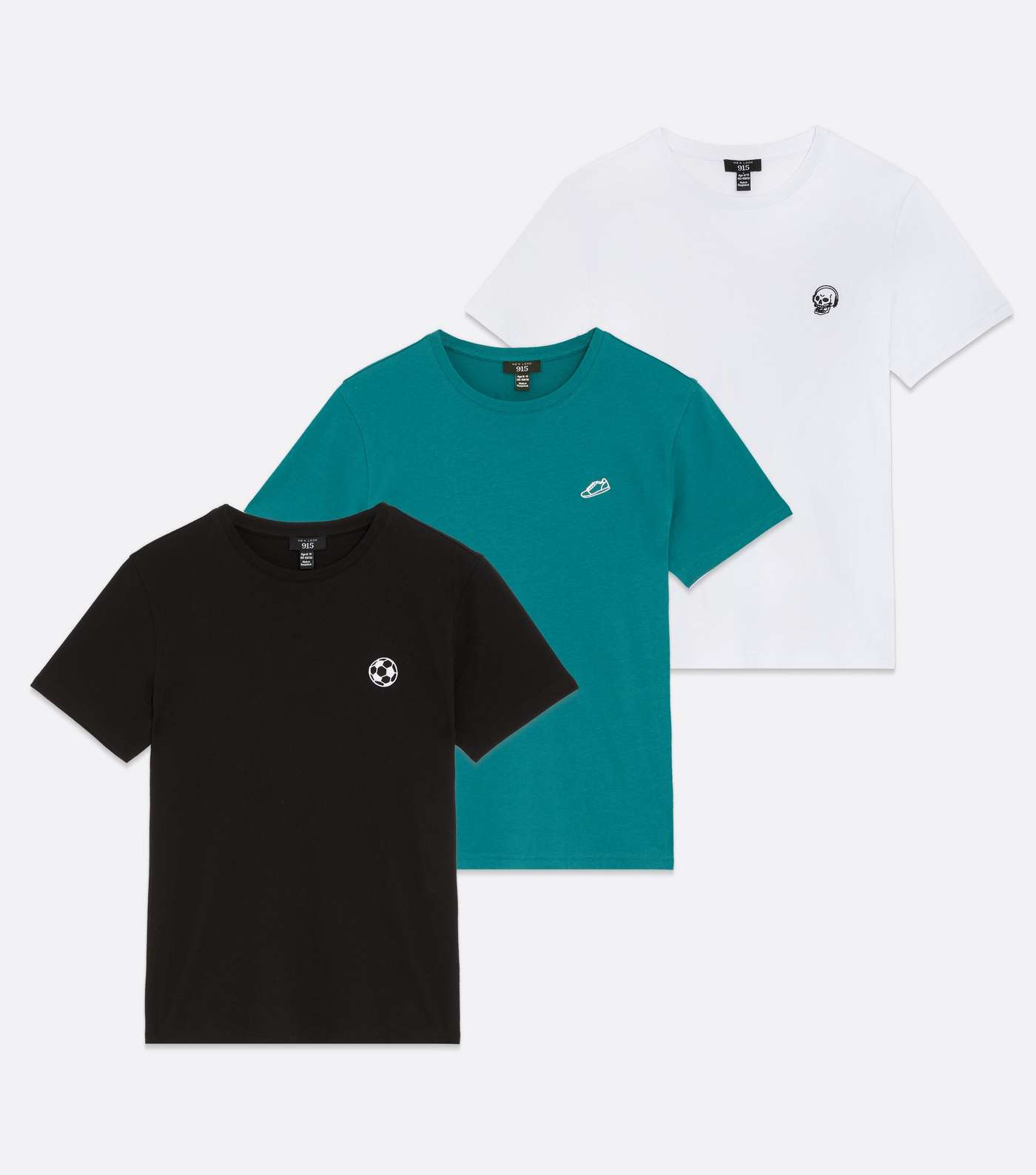 Boys 3 Pack Black Teal and White Mixed Embroidered T-Shirts Image 6