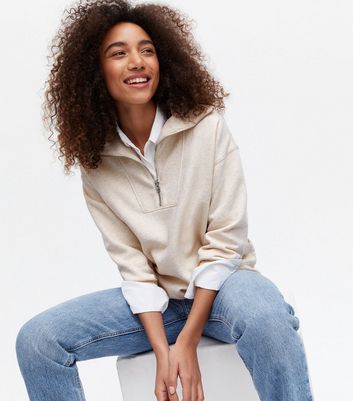 Cream 1/2 Zip High Neck Sweatshirt | New Look