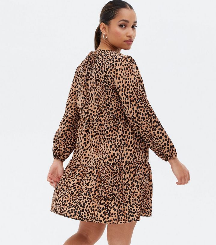 Petite Brown Leopard Print Tiered Mini Oversized Smock Dress | New Look