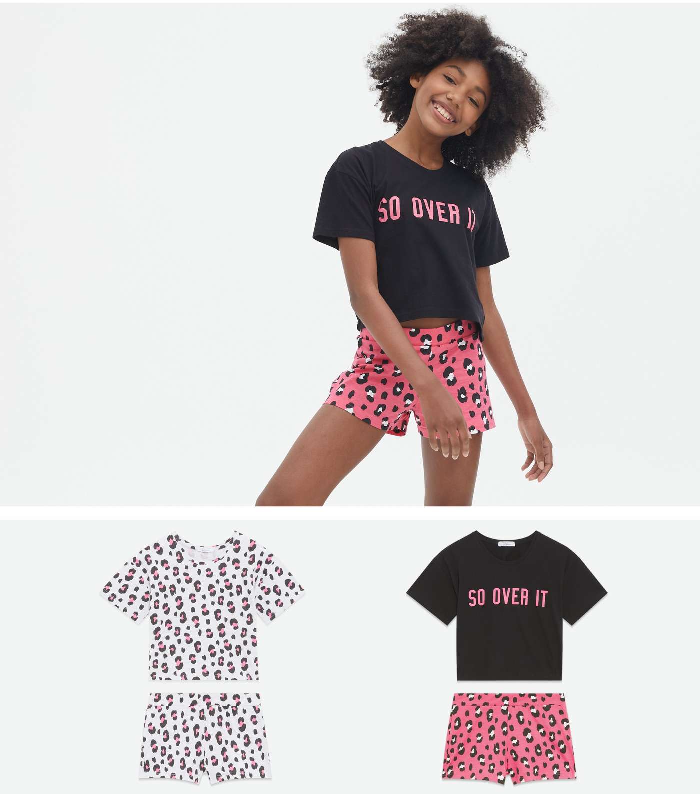 Girls 2 Pack Black Short Pyjama Sets with Leopard Print