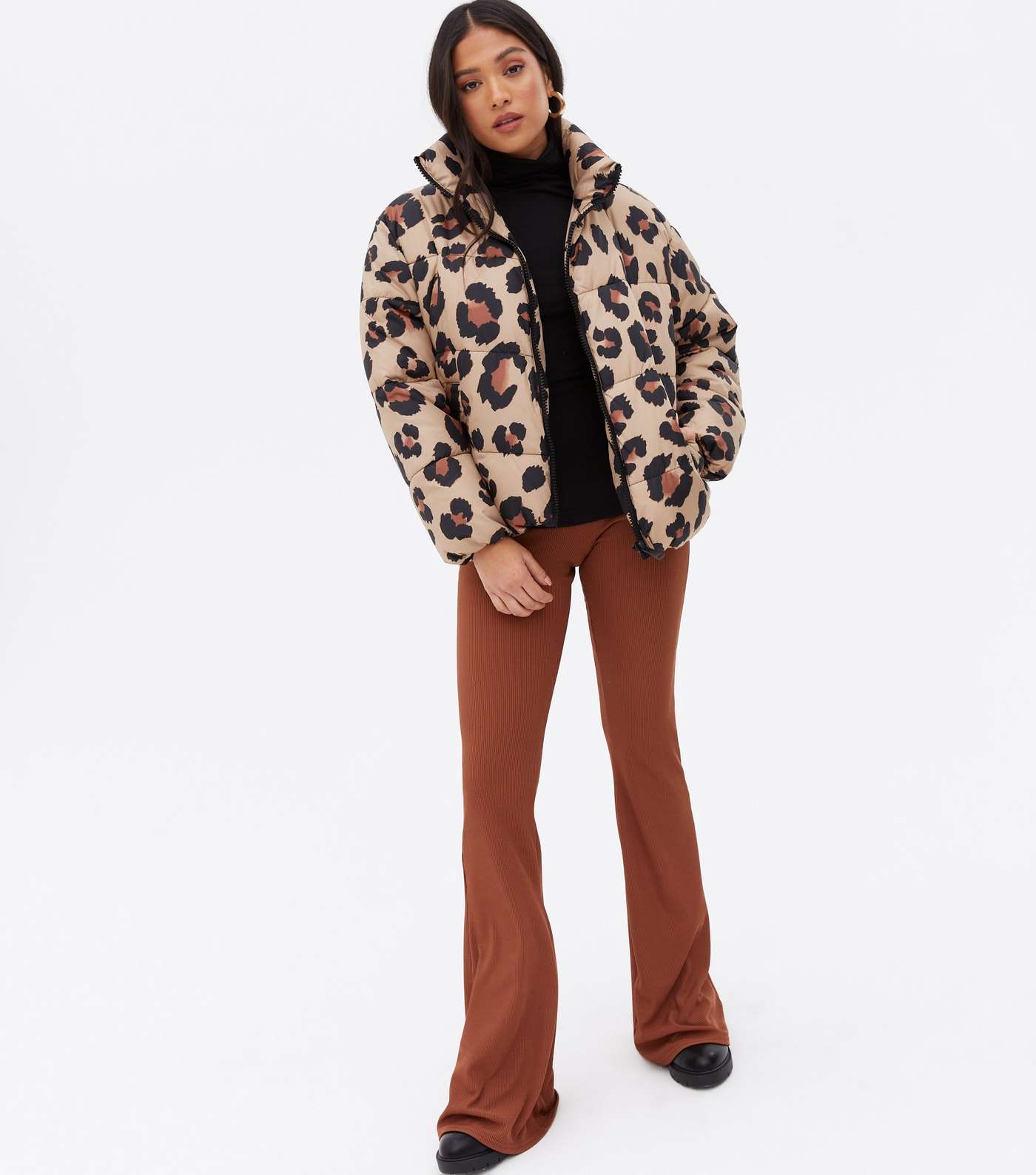 Petite Brown Leopard Print Boxy Puffer Jacket Image 2