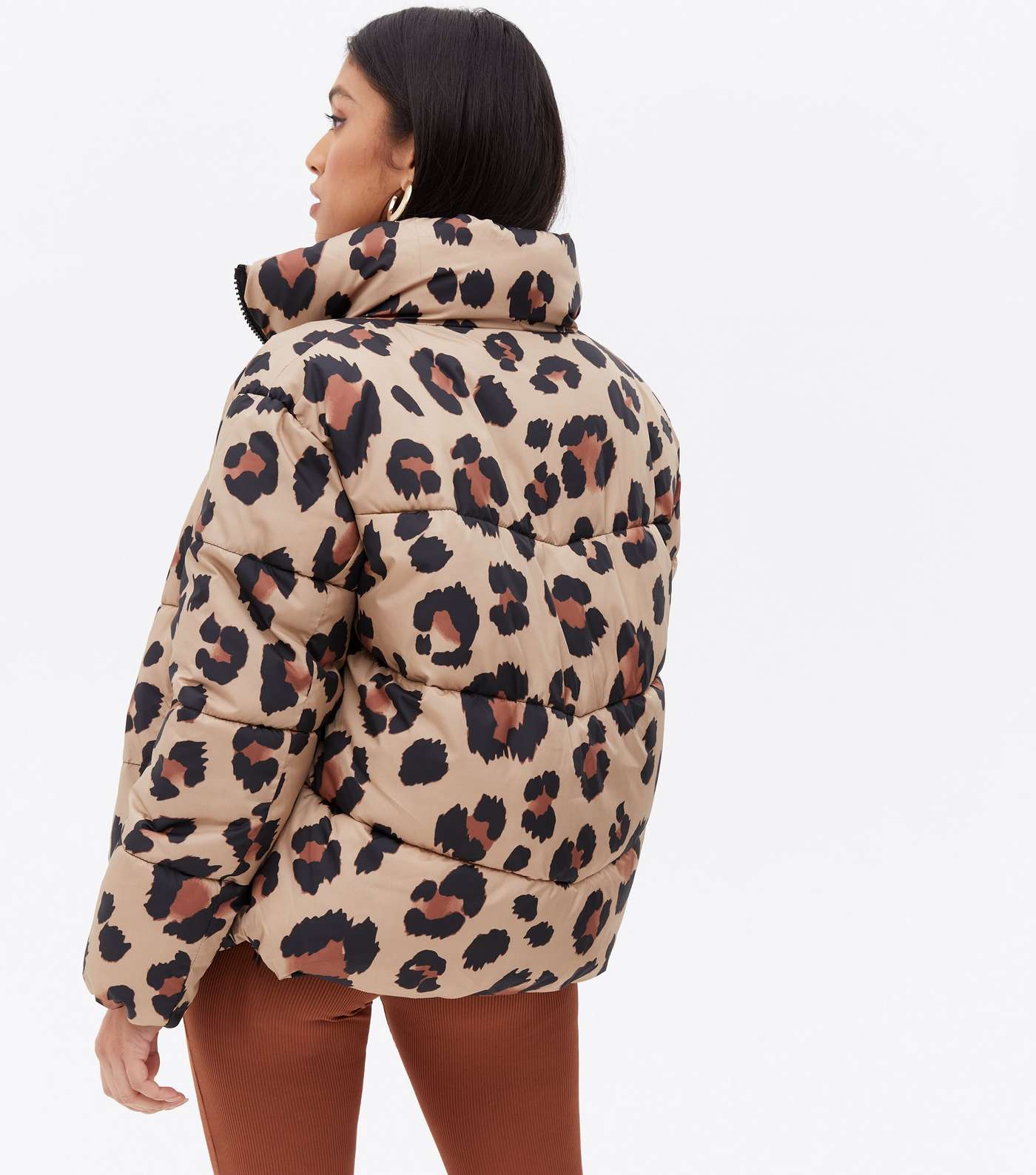 Petite Brown Leopard Print Boxy Puffer Jacket Image 4