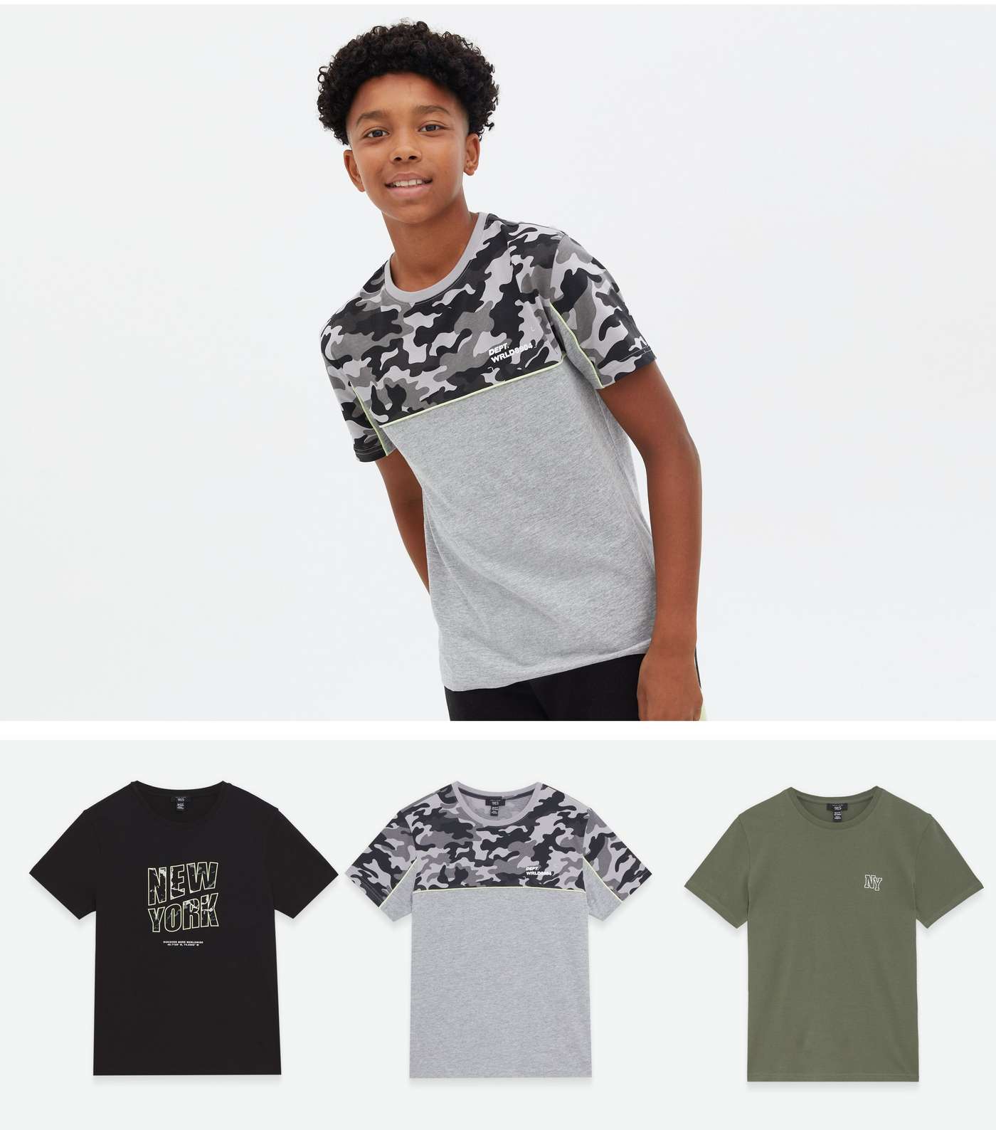 Boys 3 Pack Grey Black and Khaki Camo Logo T-Shirts