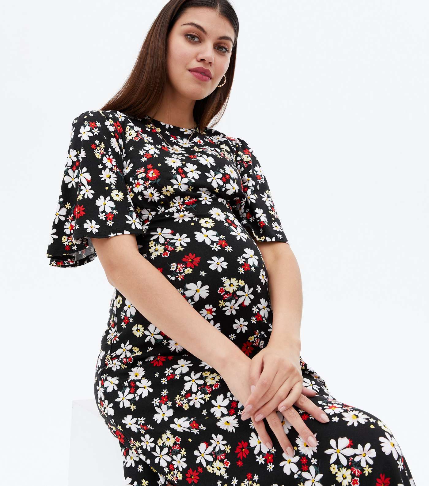 Maternity Black Floral Flutter Sleeve Midi Dress Image 3